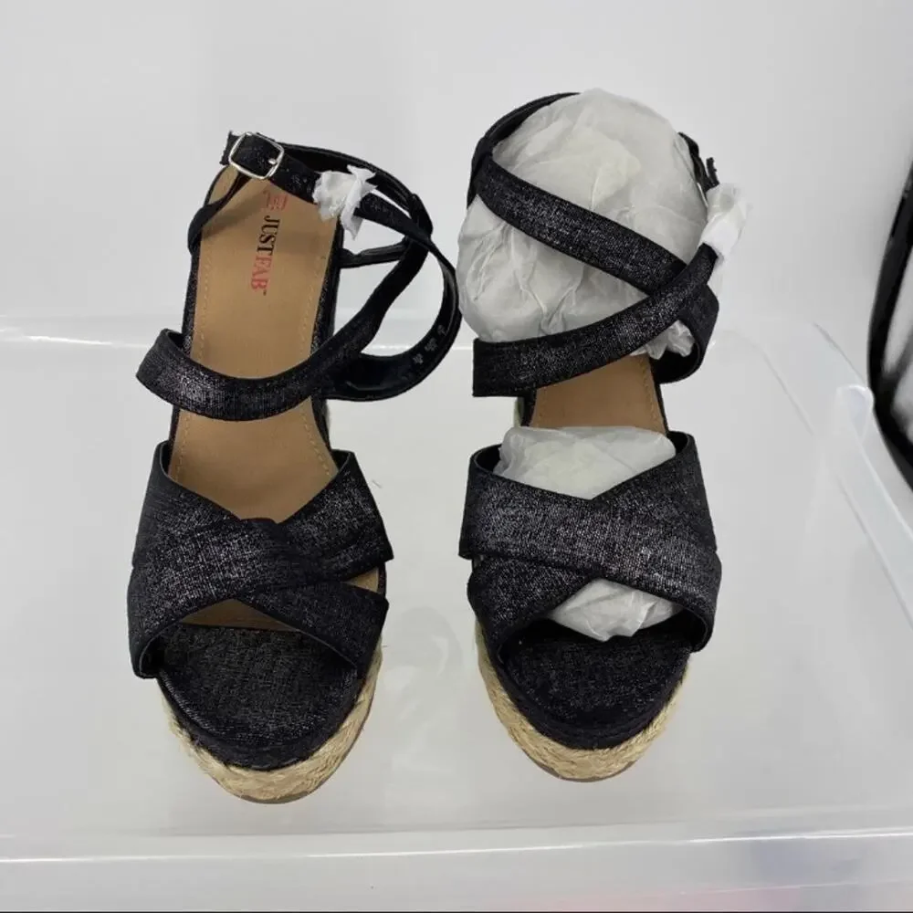JustFab metallic black canvas cross strap platform wedges braided buckle. Sz 9